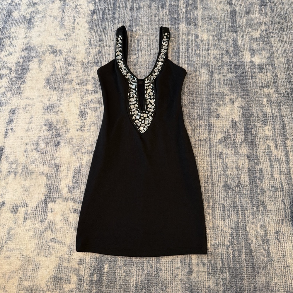 Solemio Black Mini Dress with Embellished Neckline